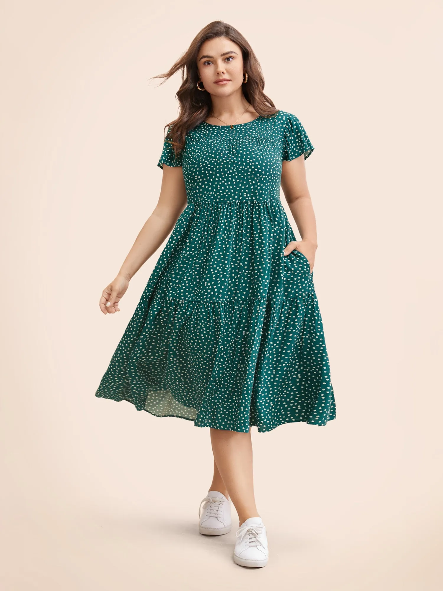Polka Dot Pocket Cap Sleeve Gathered Layered Dress sold by Bloomchic