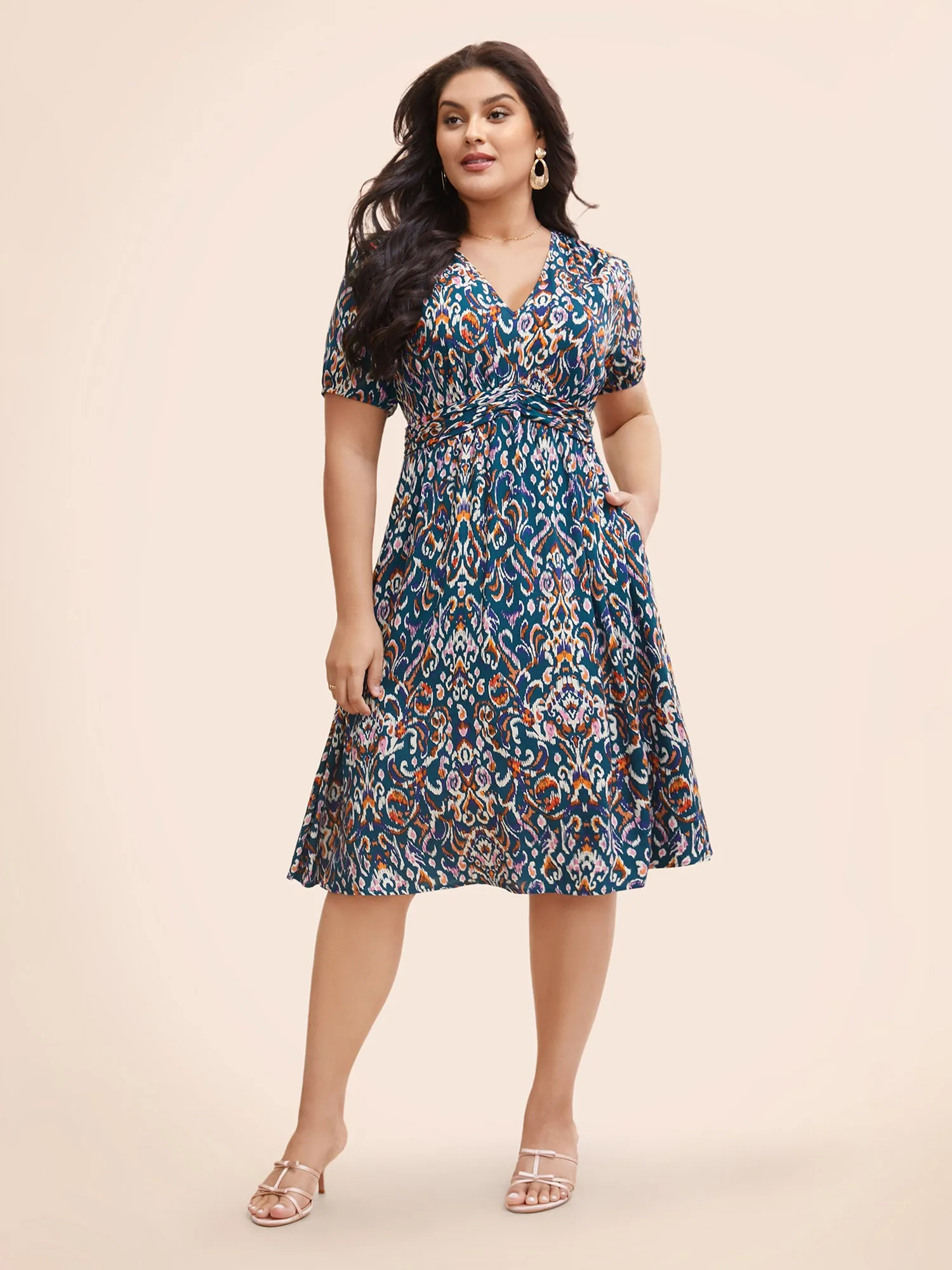 Bandana Print V Neck Shirred Gathered Dress sold by Bloomchic product image thumbnail 2