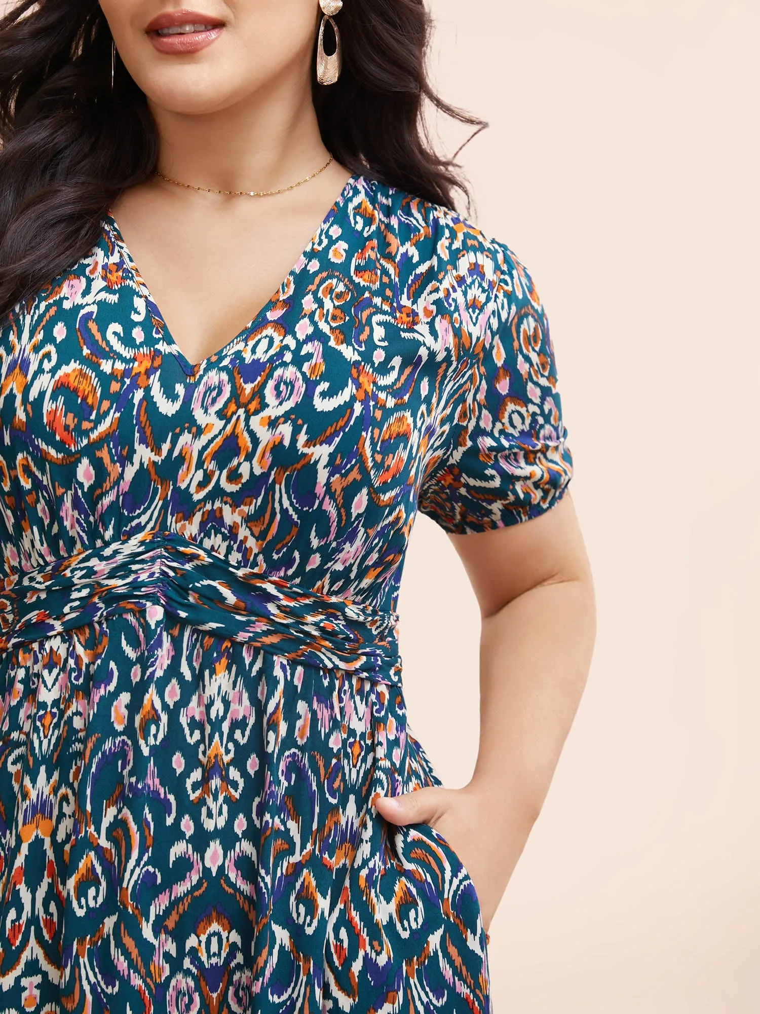 Bandana Print V Neck Shirred Gathered Dress sold by Bloomchic product image thumbnail 3