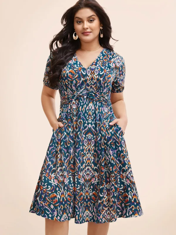Bandana Print V Neck Shirred Gathered Dress sold by Bloomchic