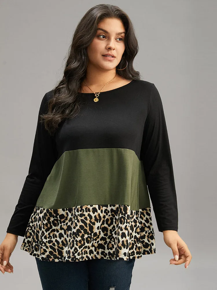 Colorblock Leopard Contrast Round Neck T-shirt sold by Bloomchic