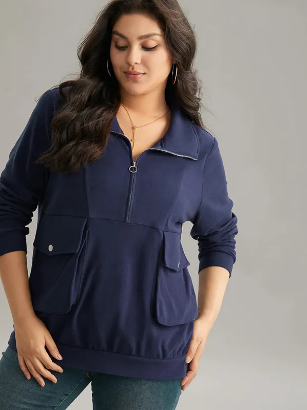 Solid Flap Pocket Half Zip Sweatshirt sold by Bloomchic