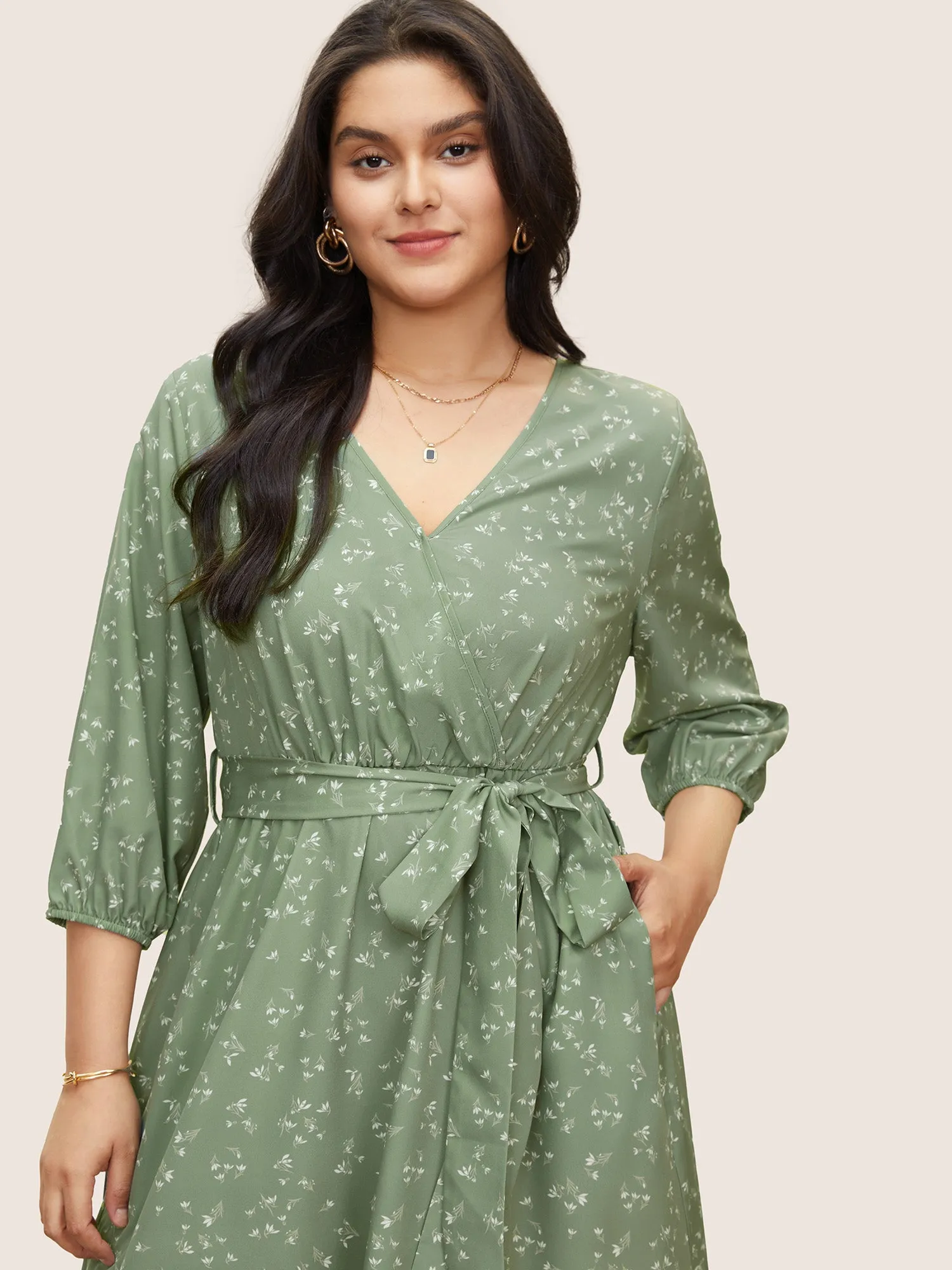 Ditsy Floral Belted Surplice Neck Gathered Dress sold by Bloomchic product image thumbnail 4