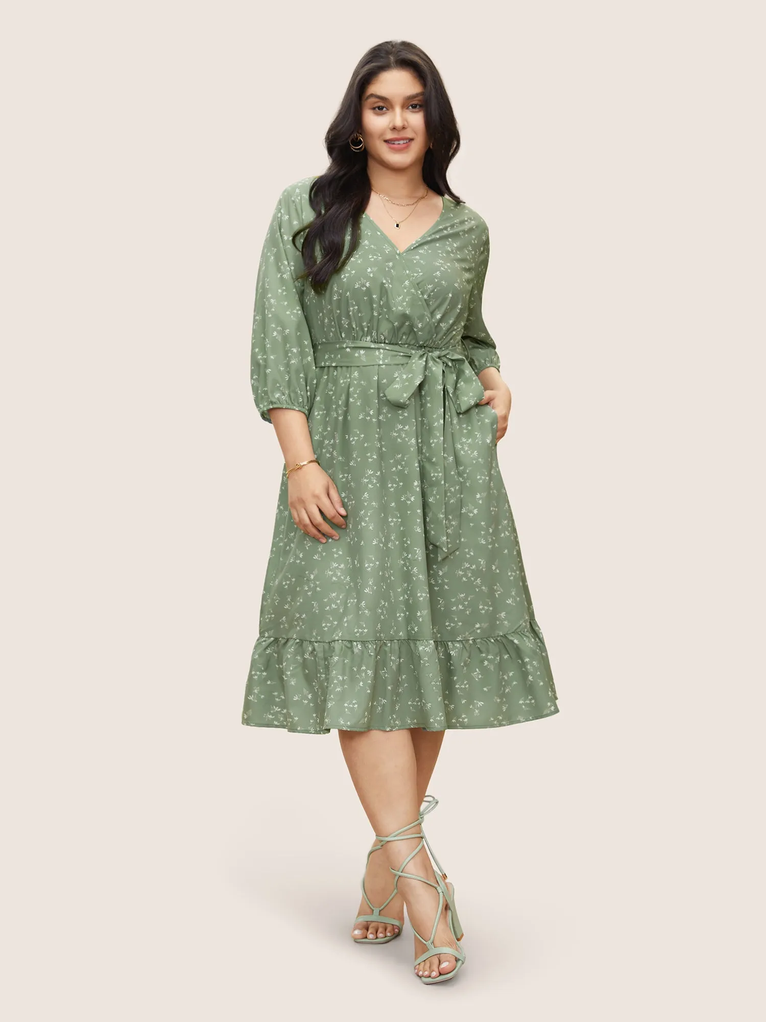 Ditsy Floral Belted Surplice Neck Gathered Dress sold by Bloomchic