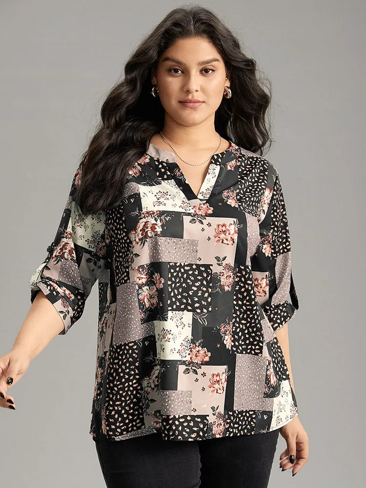Floral Colorblock Contrast Tab Sleeve Blouse sold by Bloomchic
