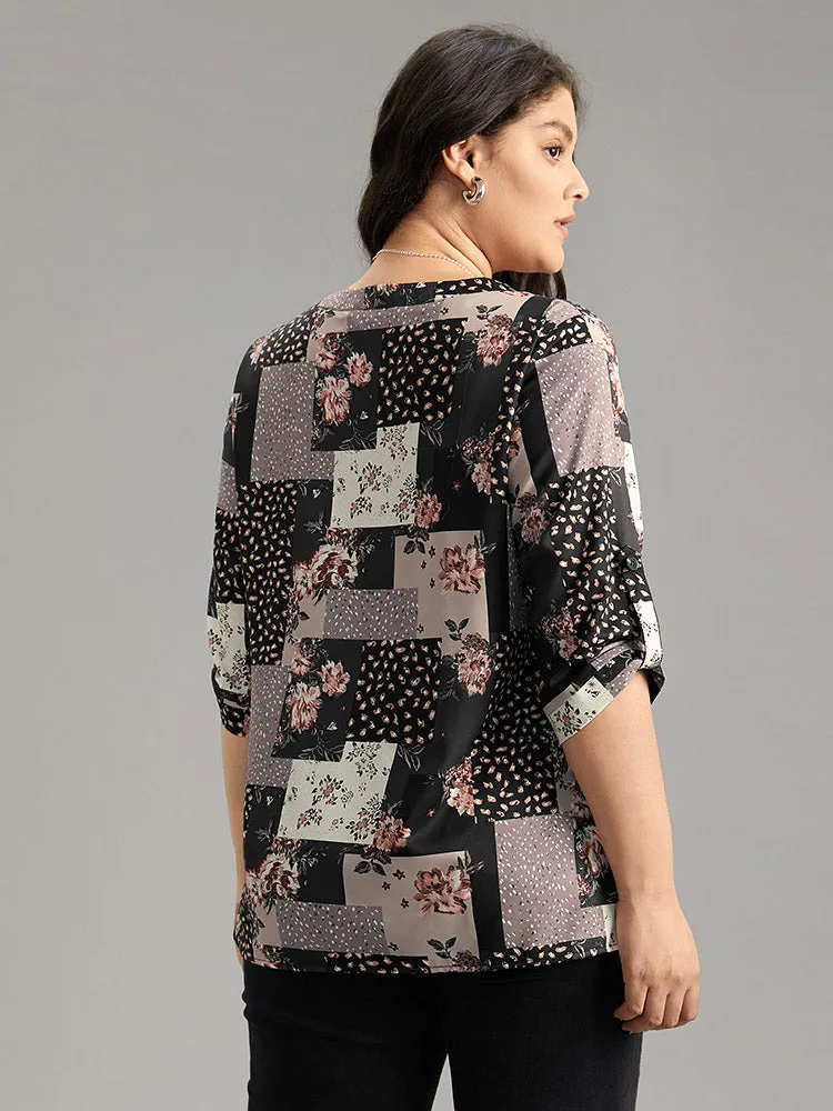 Floral Colorblock Contrast Tab Sleeve Blouse sold by Bloomchic product image thumbnail 2