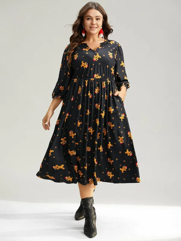 Christmas Print Notched Pocket Elastic Waist Dress sold by Bloomchic