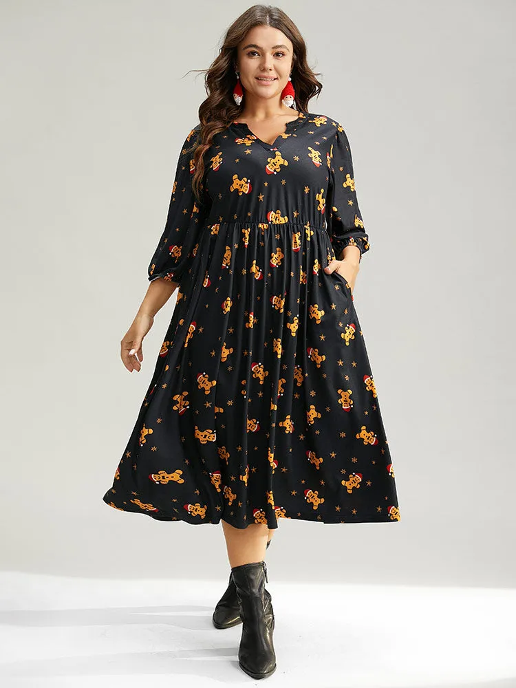 Christmas Print Notched Pocket Elastic Waist Dress sold by Bloomchic