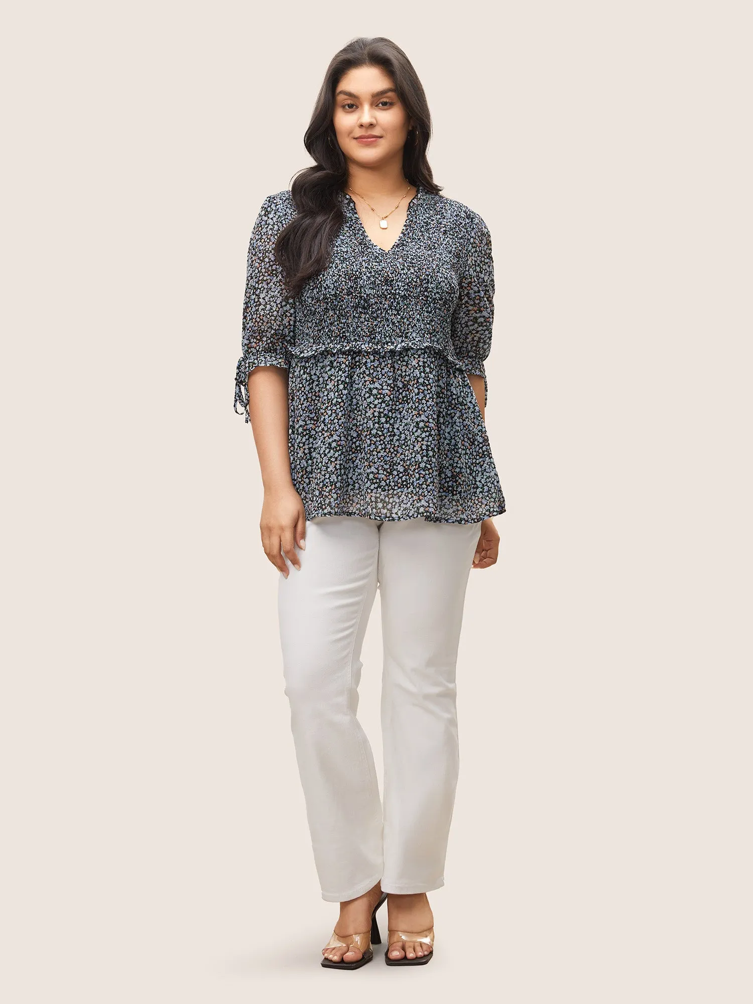 Chiffon Ditsy Floral Ruffles Shirred Ties Blouse sold by Bloomchic product image thumbnail 2