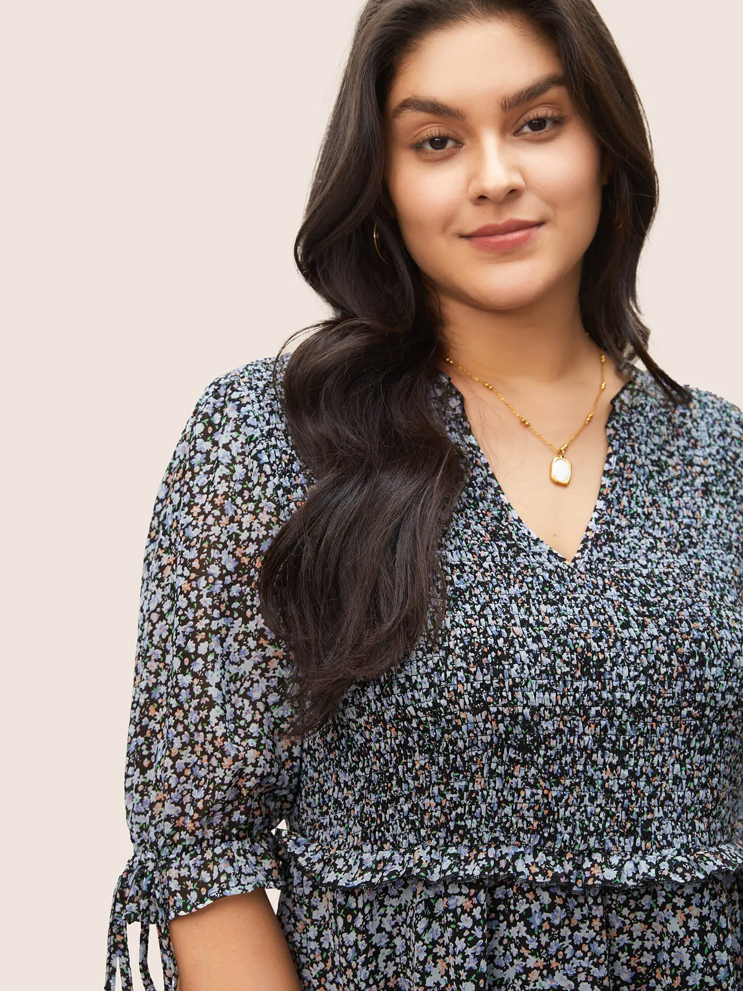 Chiffon Ditsy Floral Ruffles Shirred Ties Blouse sold by Bloomchic product image thumbnail 3