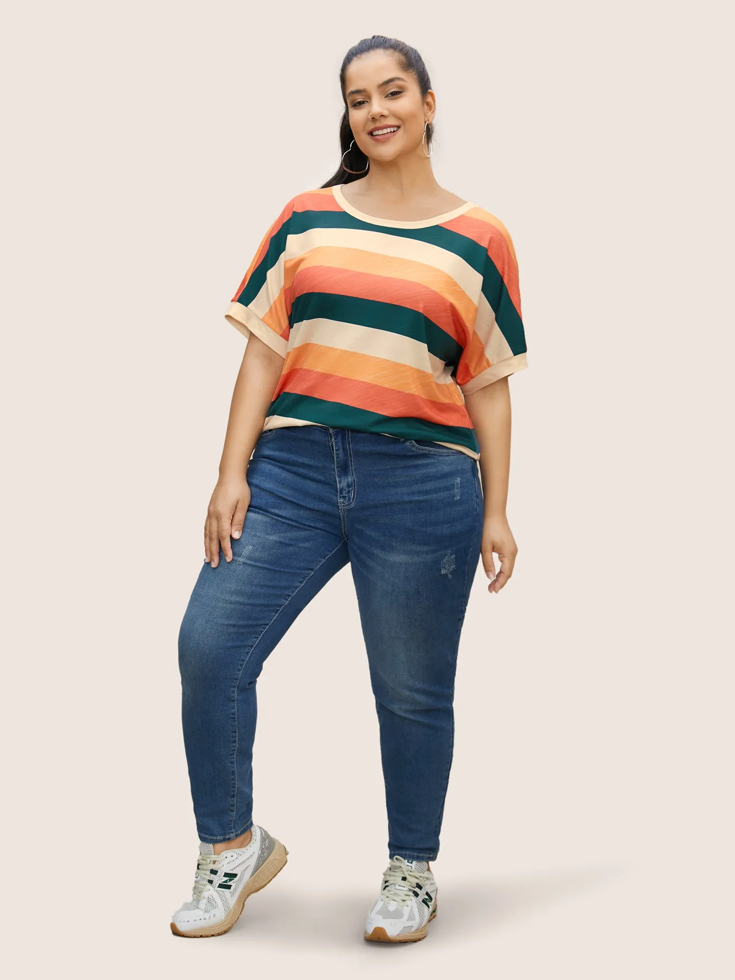 Colored Striped Crew Neck Batwing Sleeve T-shirt sold by Bloomchic product image thumbnail 4