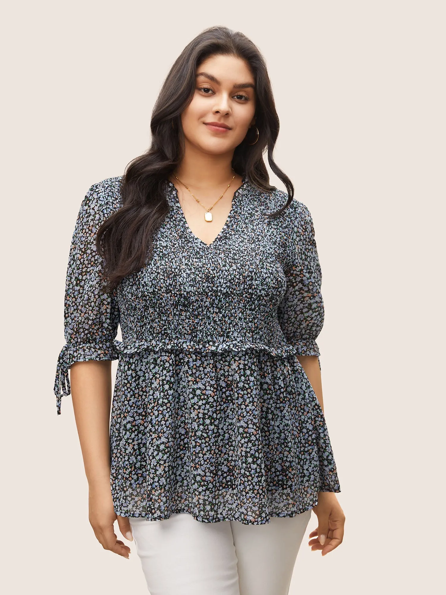 Chiffon Ditsy Floral Ruffles Shirred Ties Blouse sold by Bloomchic