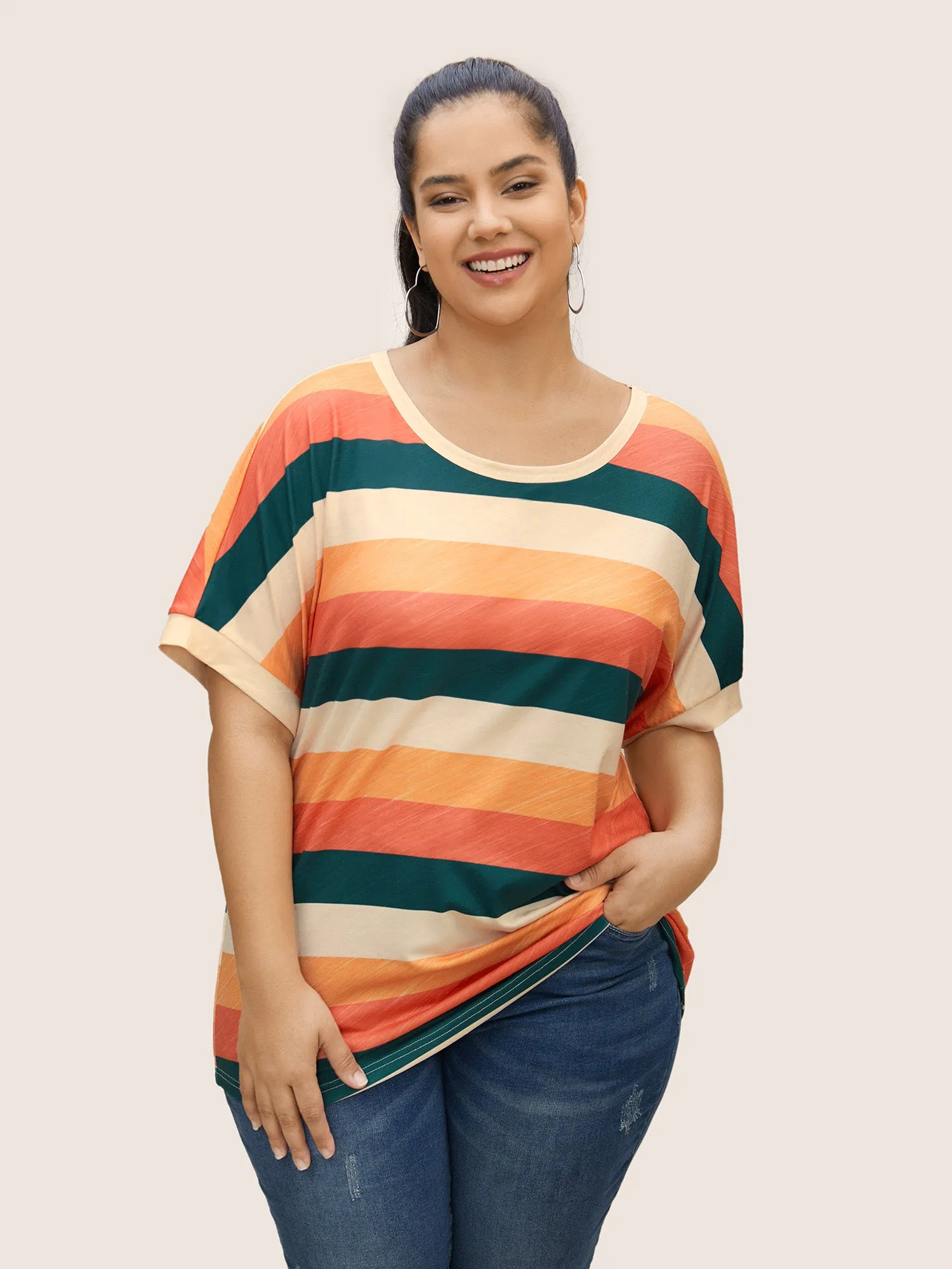 Colored Striped Crew Neck Batwing Sleeve T-shirt sold by Bloomchic