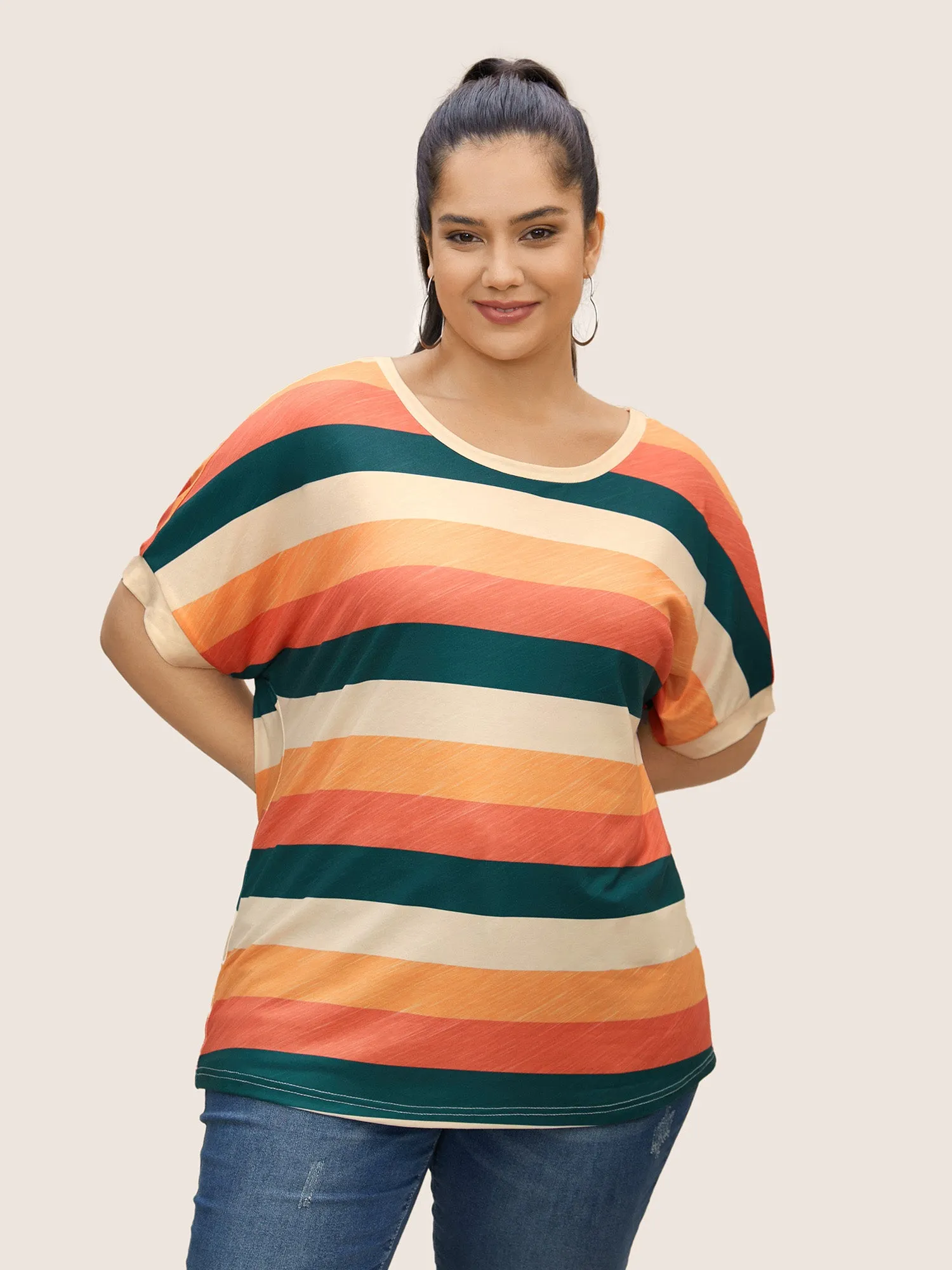 Colored Striped Crew Neck Batwing Sleeve T-shirt sold by Bloomchic product image thumbnail 3