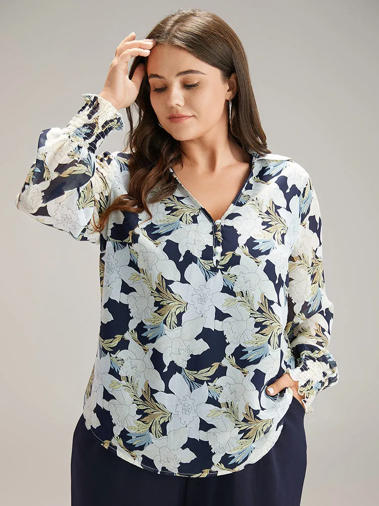 Chiffon Silhouette Floral Print Shirred Frill Trim Blouse sold by Bloomchic