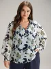 Chiffon Silhouette Floral Print Shirred Frill Trim Blouse sold by Bloomchic