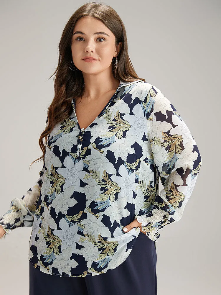 Chiffon Silhouette Floral Print Shirred Frill Trim Blouse sold by Bloomchic product image thumbnail 3