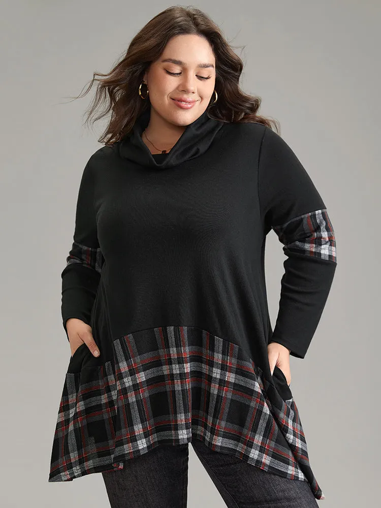 Plaid Patchwork Asymmetrical Hem Pocket T-shirt sold by Bloomchic