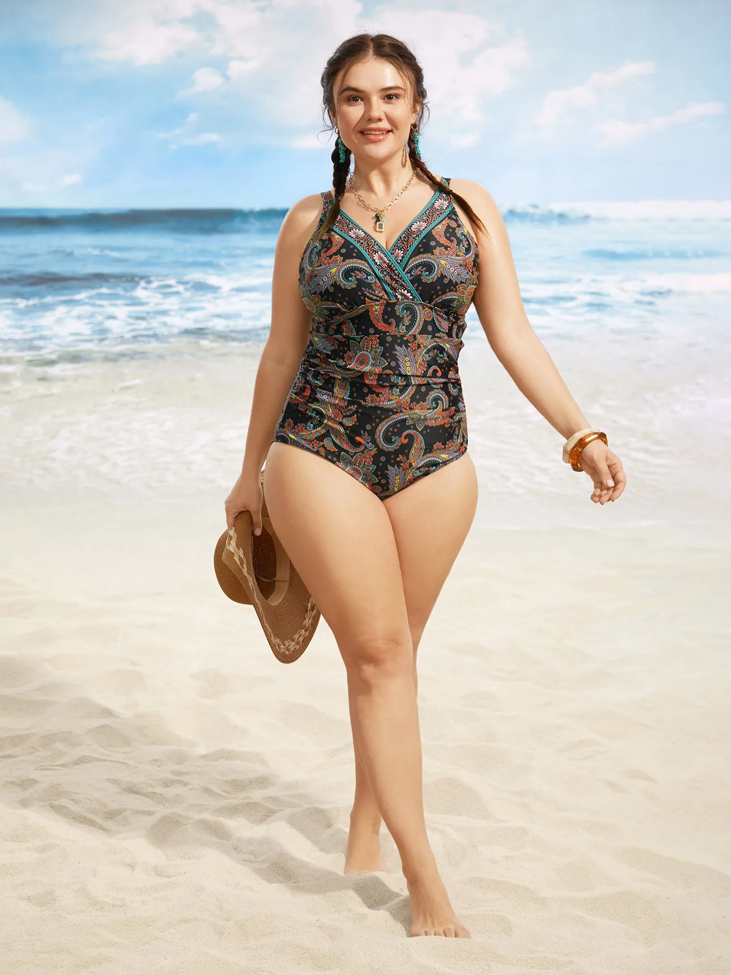Paisley Print Overlap Collar Ruched One Piece Swimsuit sold by Bloomchic product image thumbnail 3