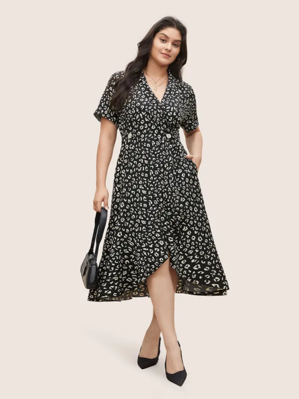 Leopard Print Suit Collar Ruffle Hem Dress sold by Bloomchic