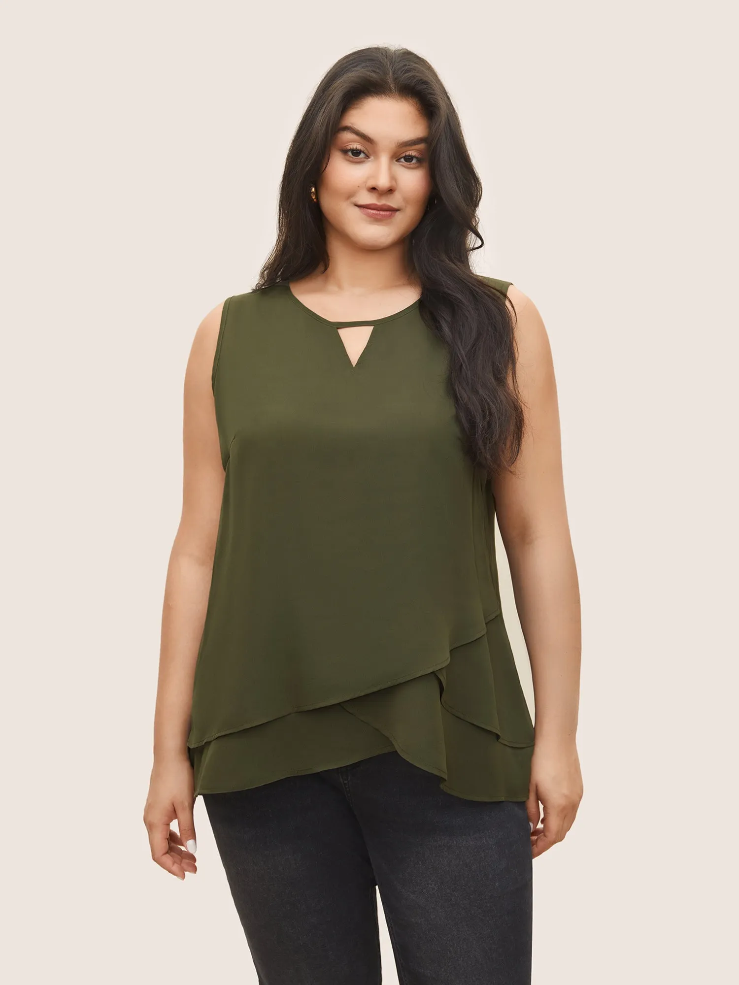 Solid Keyhole Tiered Hem Tank Top sold by Bloomchic