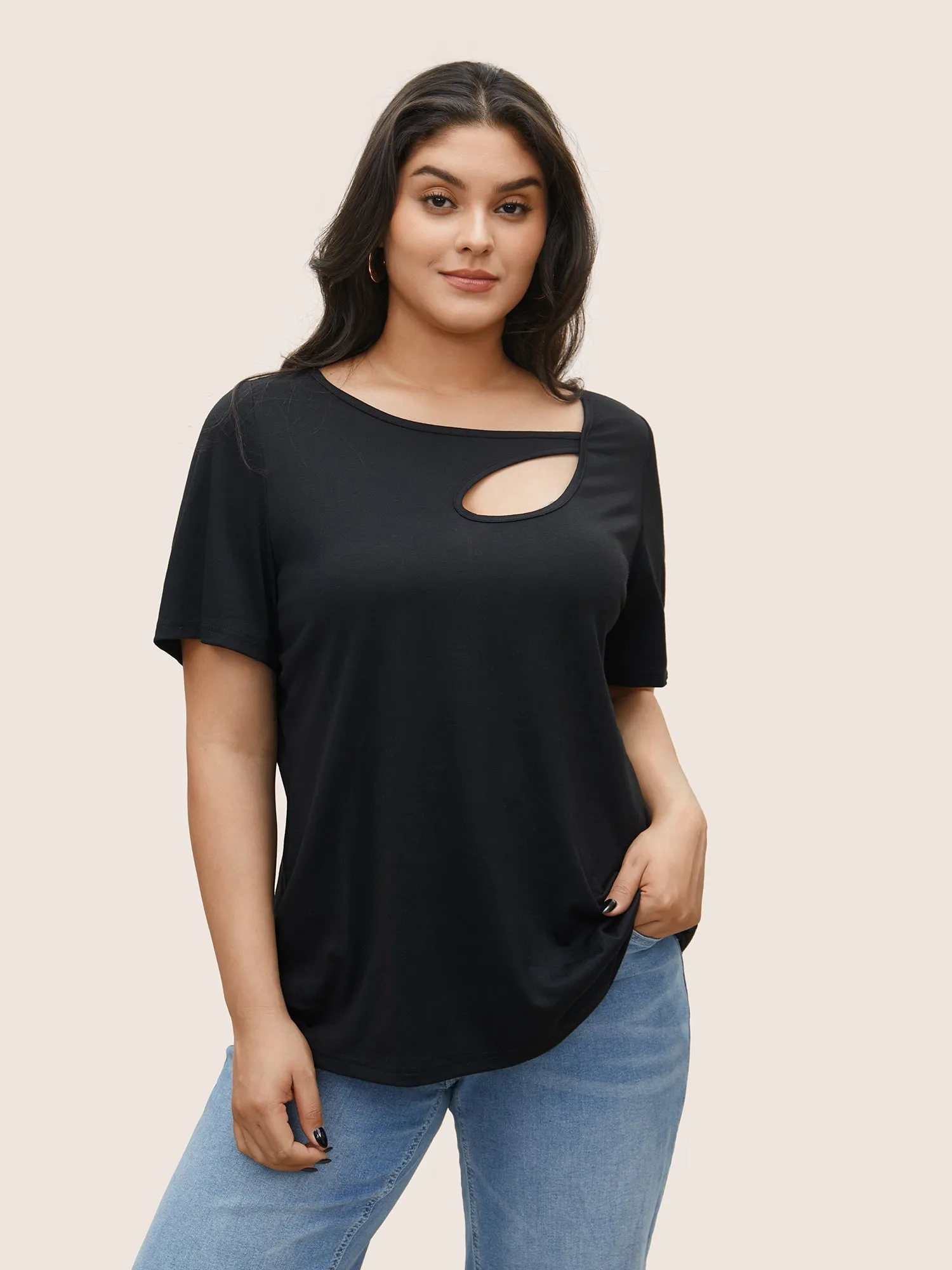 Solid Asymmetrical Hem Cut Out T-shirt sold by Bloomchic