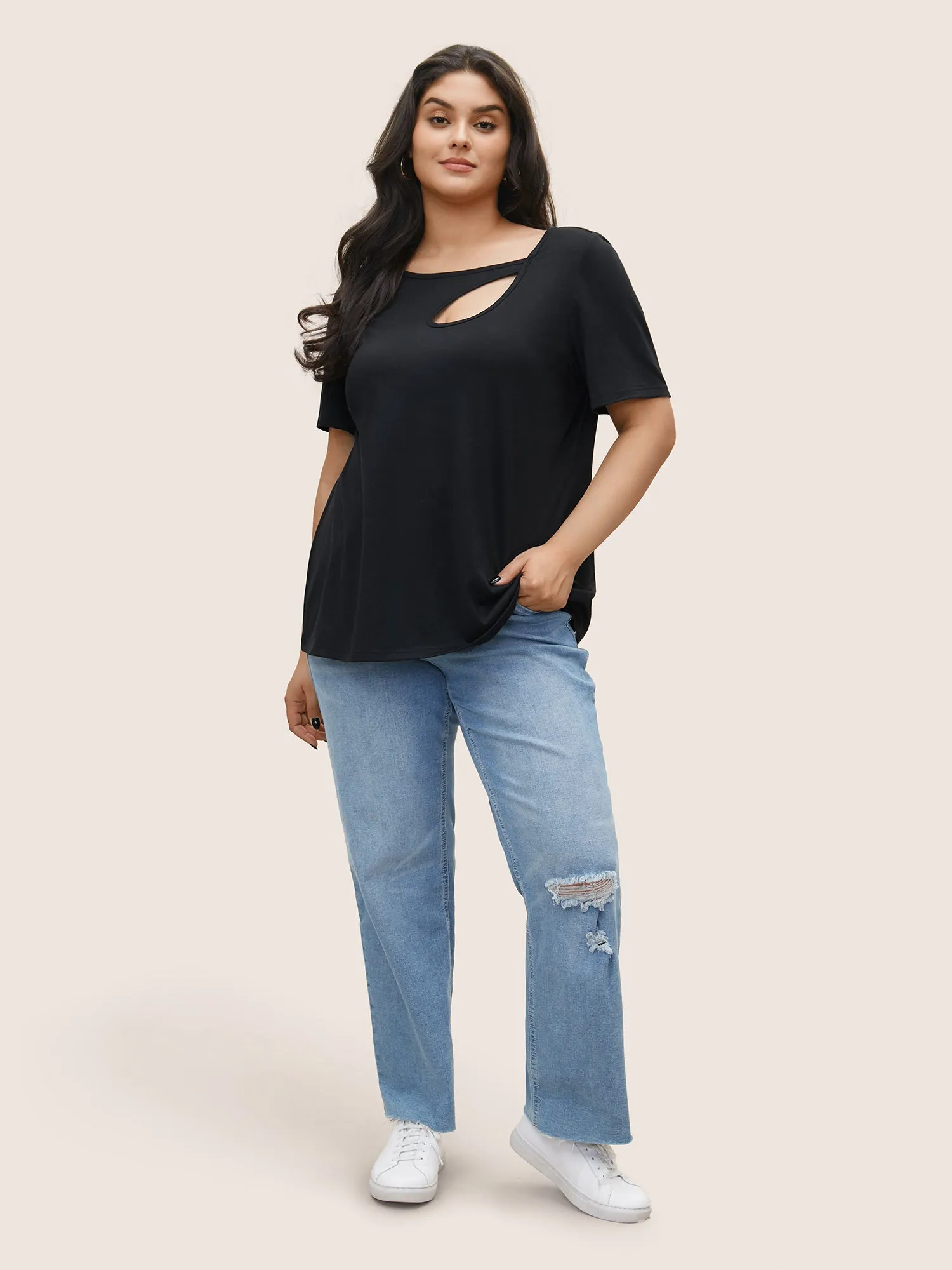 Solid Asymmetrical Hem Cut Out T-shirt sold by Bloomchic product image thumbnail 3