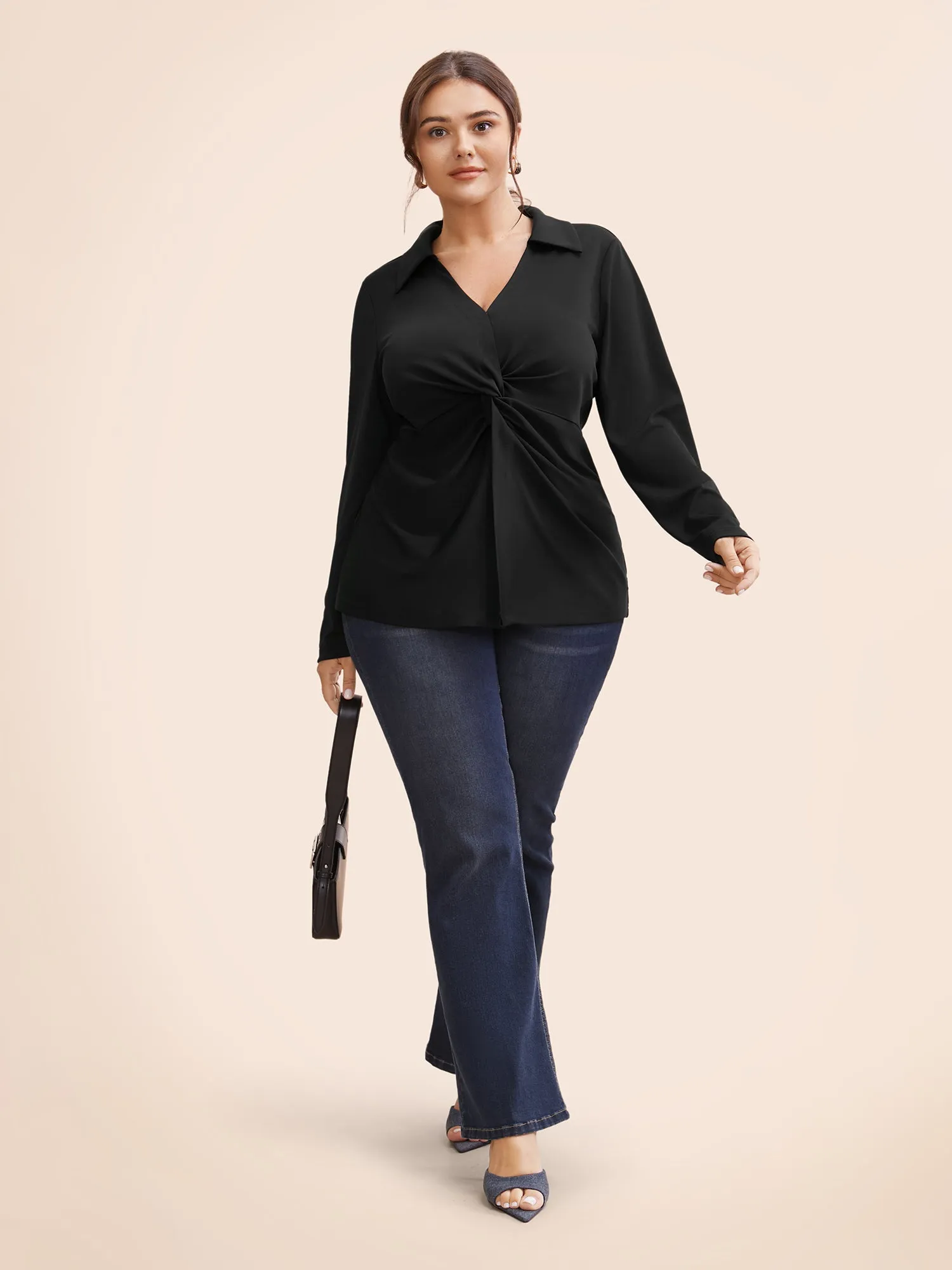 Stretch Woven Front Knot Slim-Fit Blouse sold by Bloomchic product image thumbnail 2