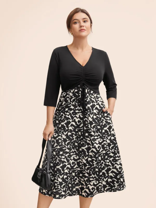 V Neck Patchwork Drawstring Dress sold by Bloomchic