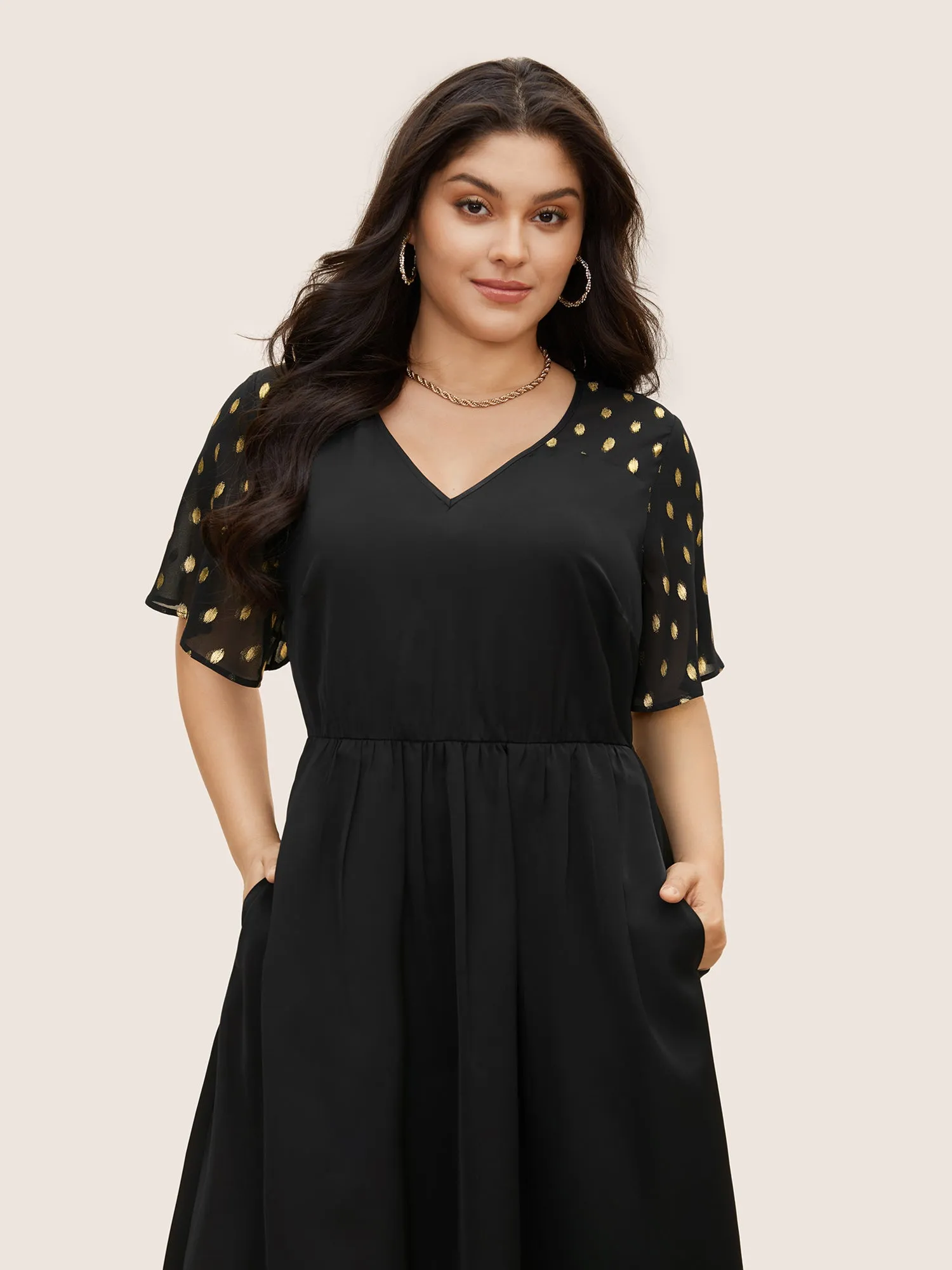 Glitter Mesh Patchwork Flutter Sleeve Dress sold by Bloomchic product image thumbnail 2