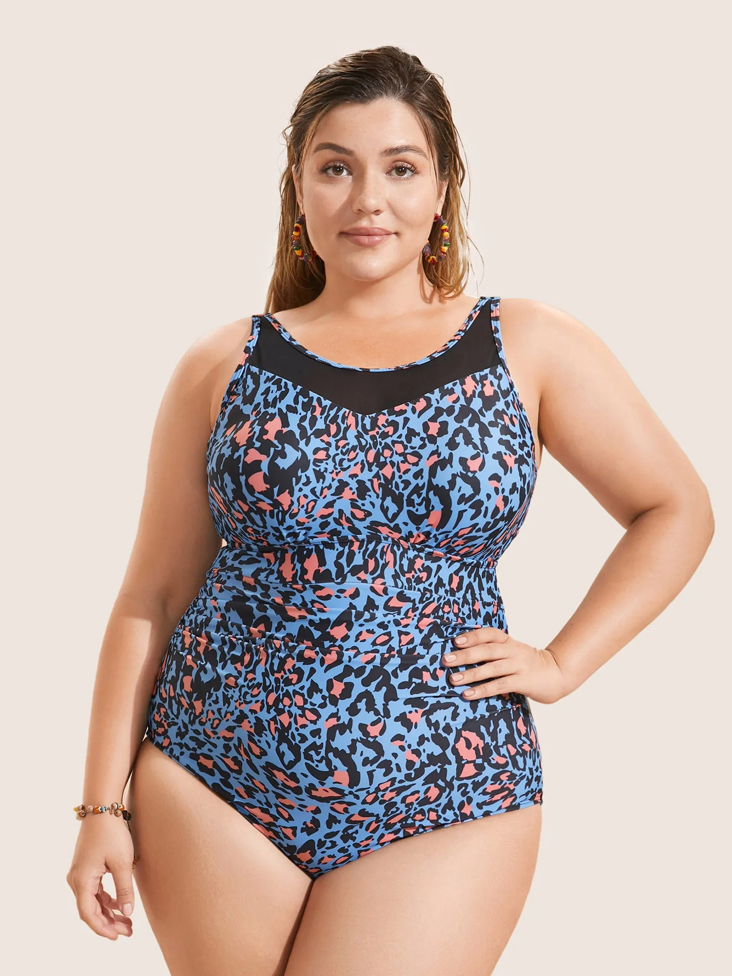 Leopard Print Gathered See Through One Piece Swimsuit sold by Bloomchic