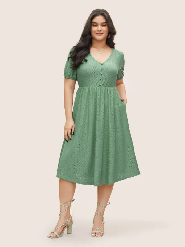 Solid Hollow Out Button Detail Elastic Waist Dress sold by Bloomchic