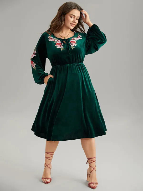 Velvet Floral Ties Gathered Lantern Sleeve Dress sold by Bloomchic