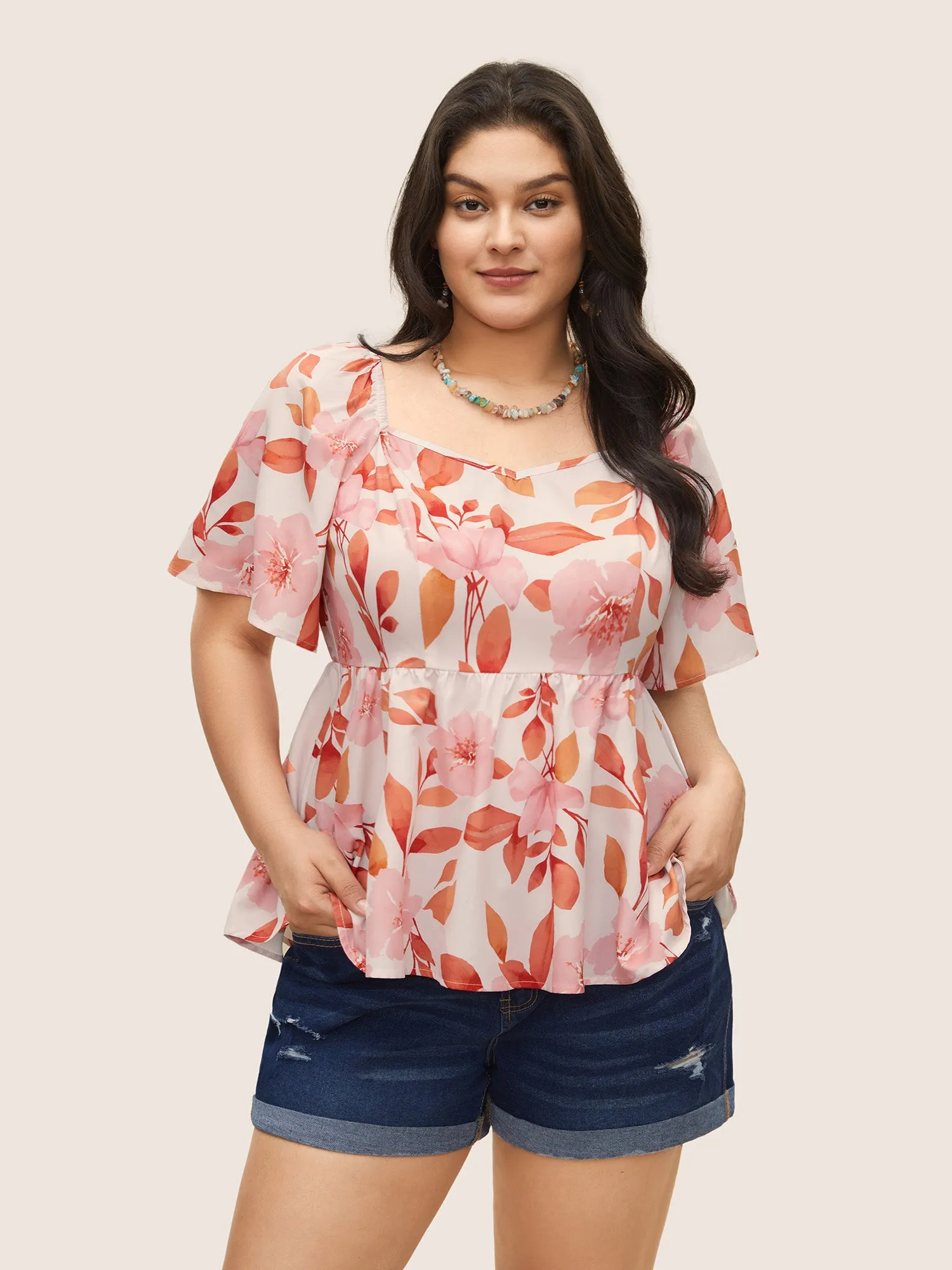 Floral Ruffle Sleeve Elastic Waist Blouse sold by Bloomchic