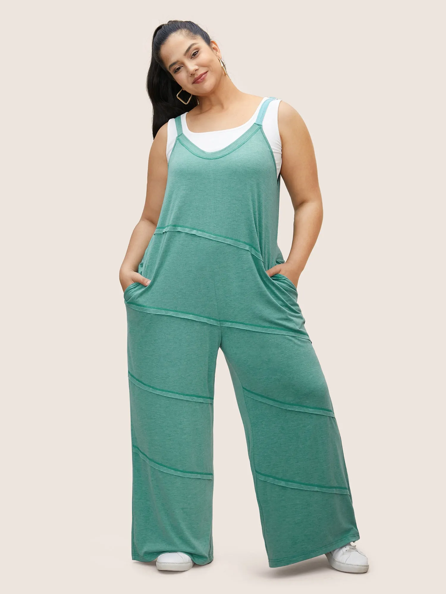 Solid V Neck Asymmetrical Patchwork Jumpsuit sold by Bloomchic product image thumbnail 3