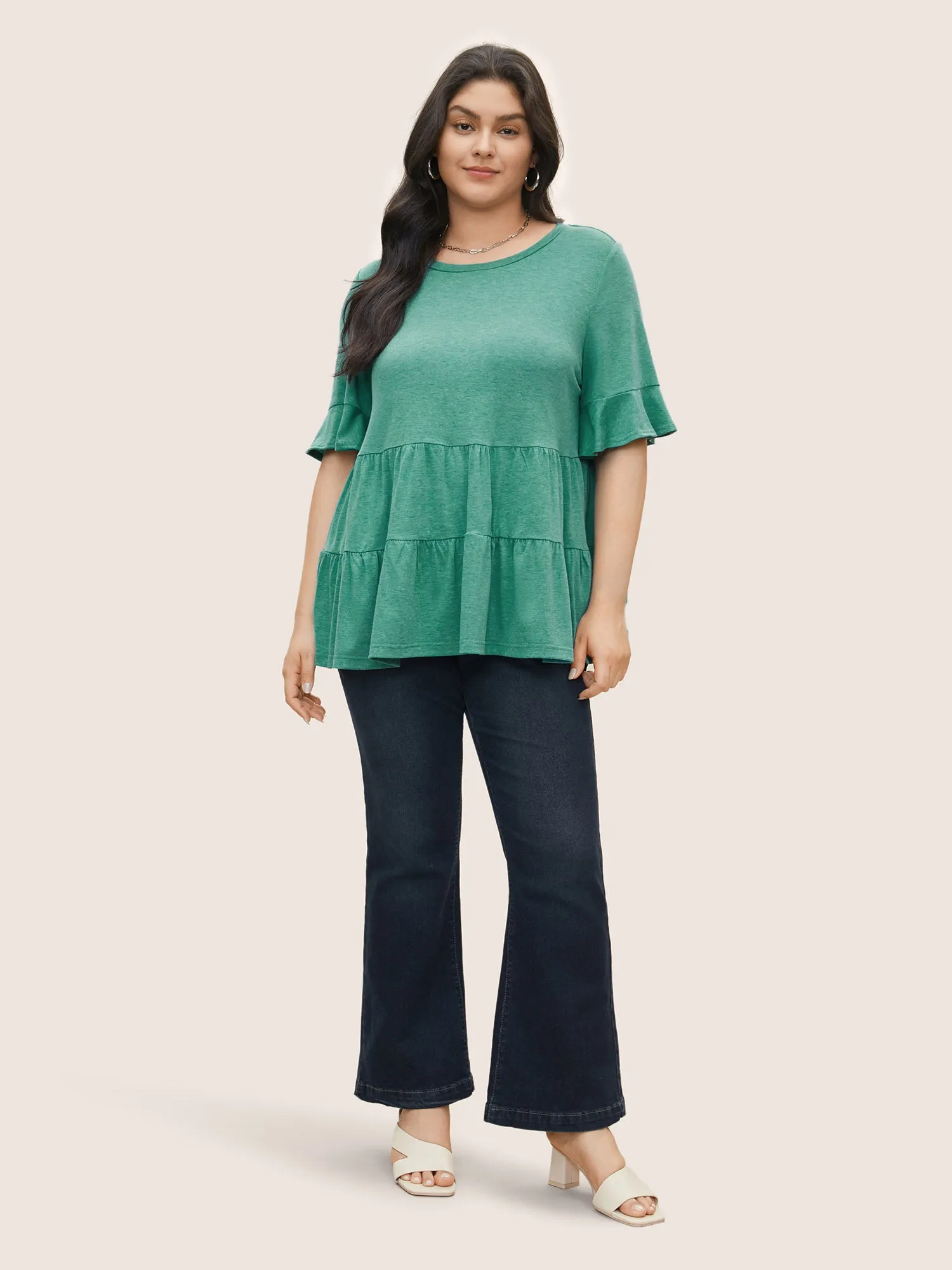 Solid Gathered Flutter Sleeve Layered Hem T-shirt sold by Bloomchic product image thumbnail 3