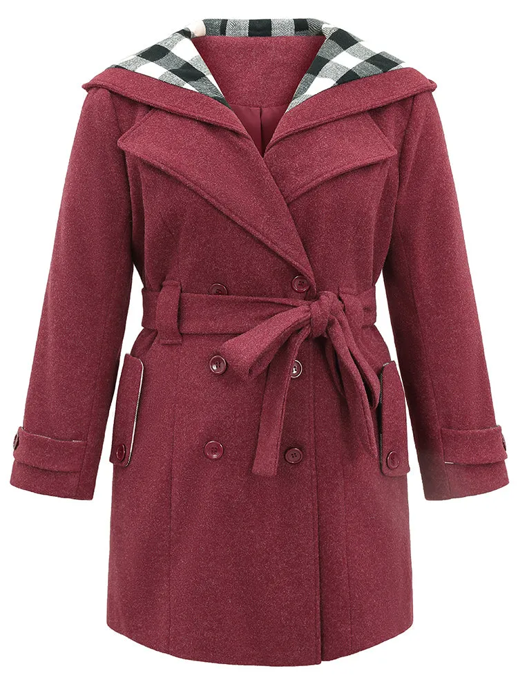 Plaid Patchwork Double Breasted Belted Hooded Coat sold by Bloomchic product image thumbnail 5