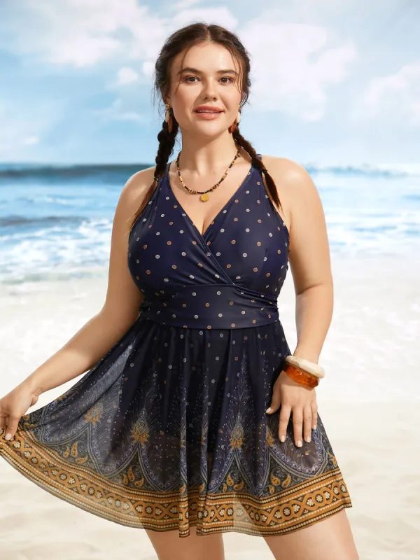 Boho Print Overlap Collar Mesh Crisscross Swim Dress made by Bloomchic