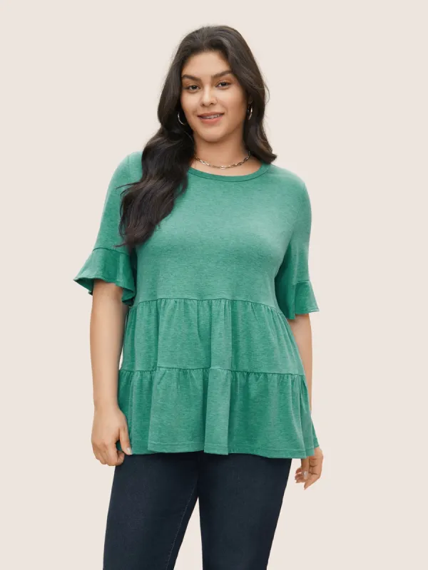 Solid Gathered Flutter Sleeve Layered Hem T-shirt sold by Bloomchic