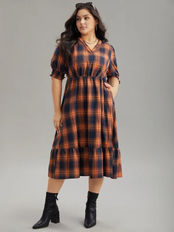 Plaid Shirred Ruffles Pocket Dress sold by Bloomchic