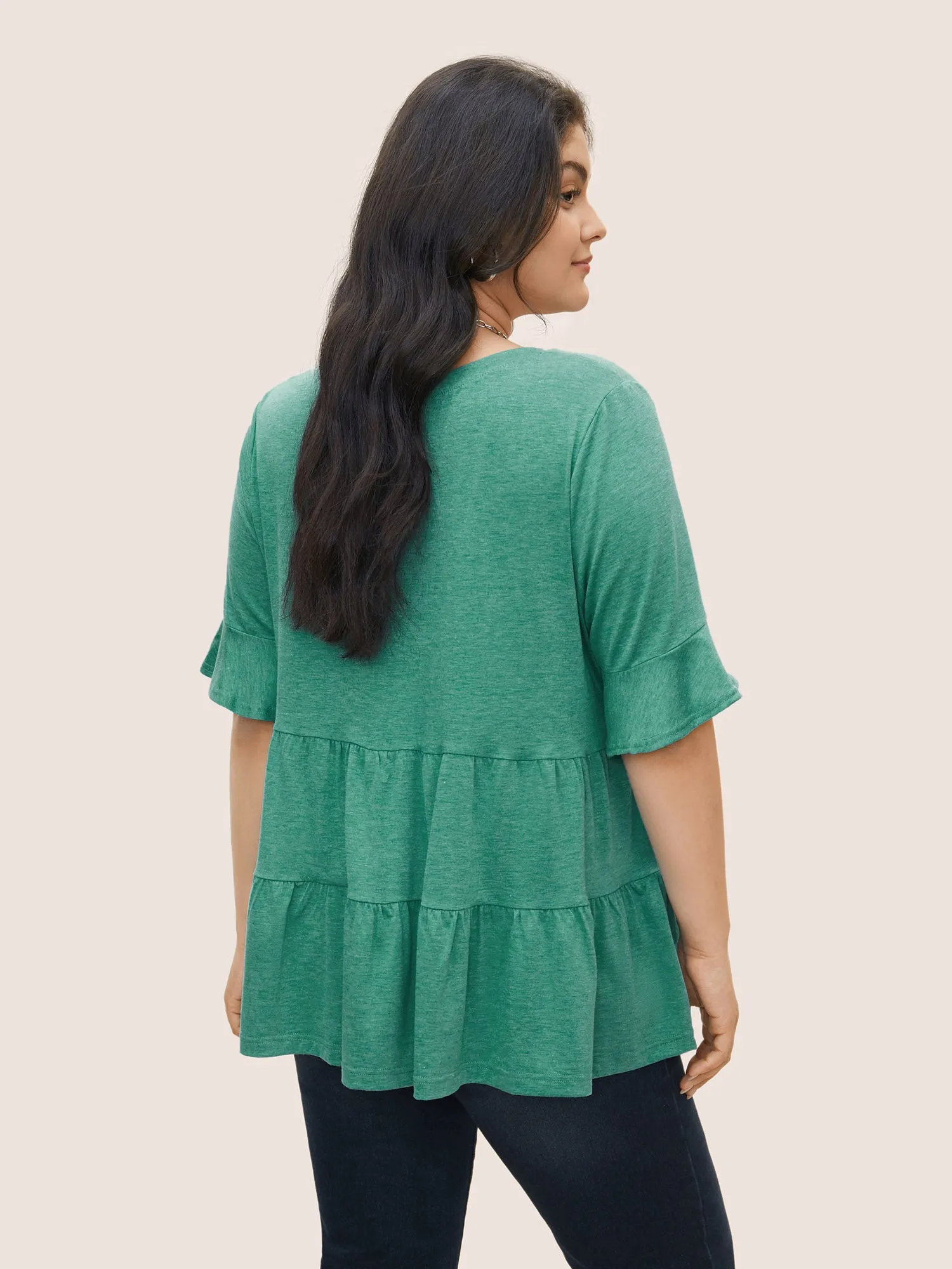 Solid Gathered Flutter Sleeve Layered Hem T-shirt sold by Bloomchic product image thumbnail 2