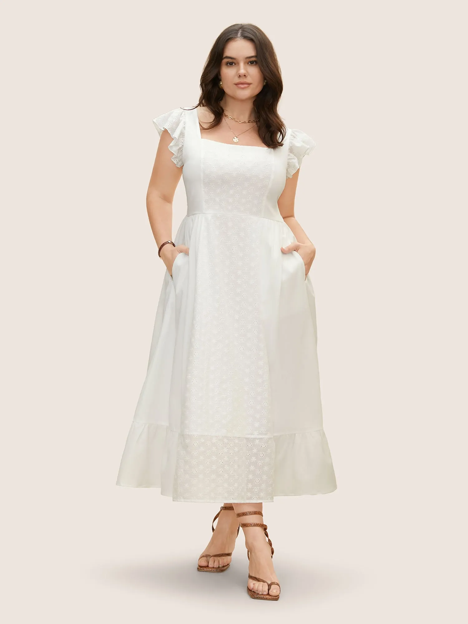 Square Neck Broderie Anglaise Ruffle Cap Sleeve Dress sold by Bloomchic product image thumbnail 3