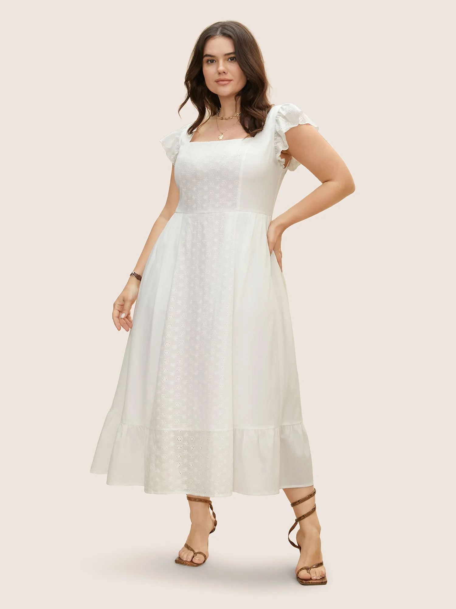 Square Neck Broderie Anglaise Ruffle Cap Sleeve Dress sold by Bloomchic