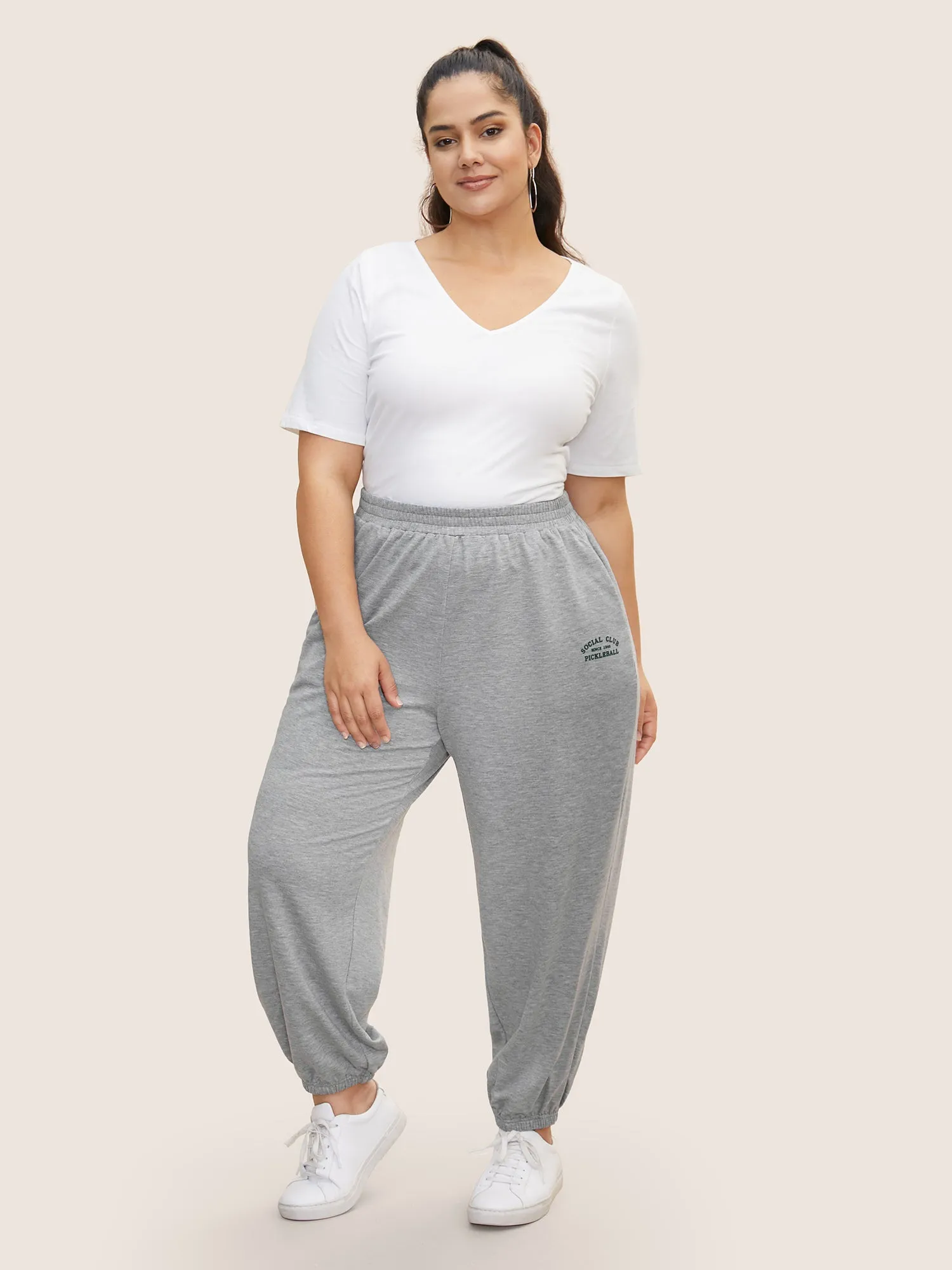 Solid Letter Print Elastic Waist Carrot Pants sold by Bloomchic product image thumbnail 4