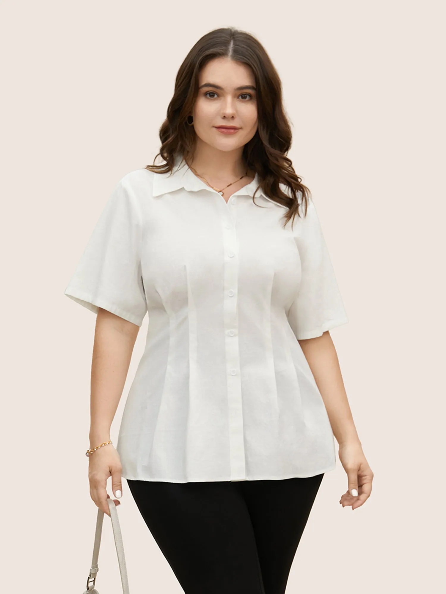 Plain Shirt Collar Waist Design Blouse sold by Bloomchic