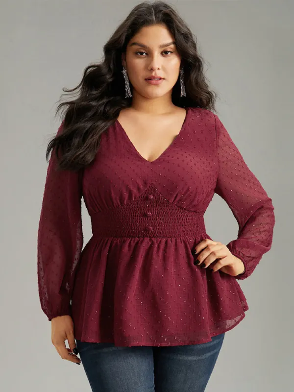 Plain Textured Shirred Lantern Sleeve Blouse sold by Bloomchic