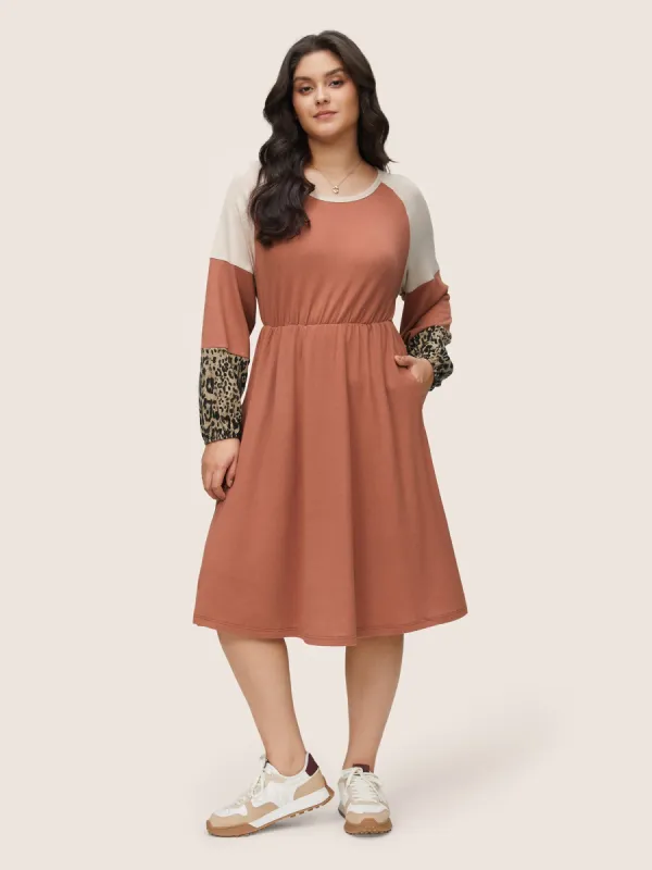 Colorblock Patchwork Leopard Raglan Sleeve Dress sold by Bloomchic
