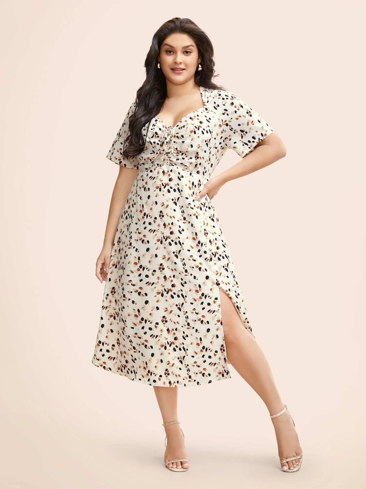 Heart Neckline Allover Print Drawstring Dress sold by Bloomchic