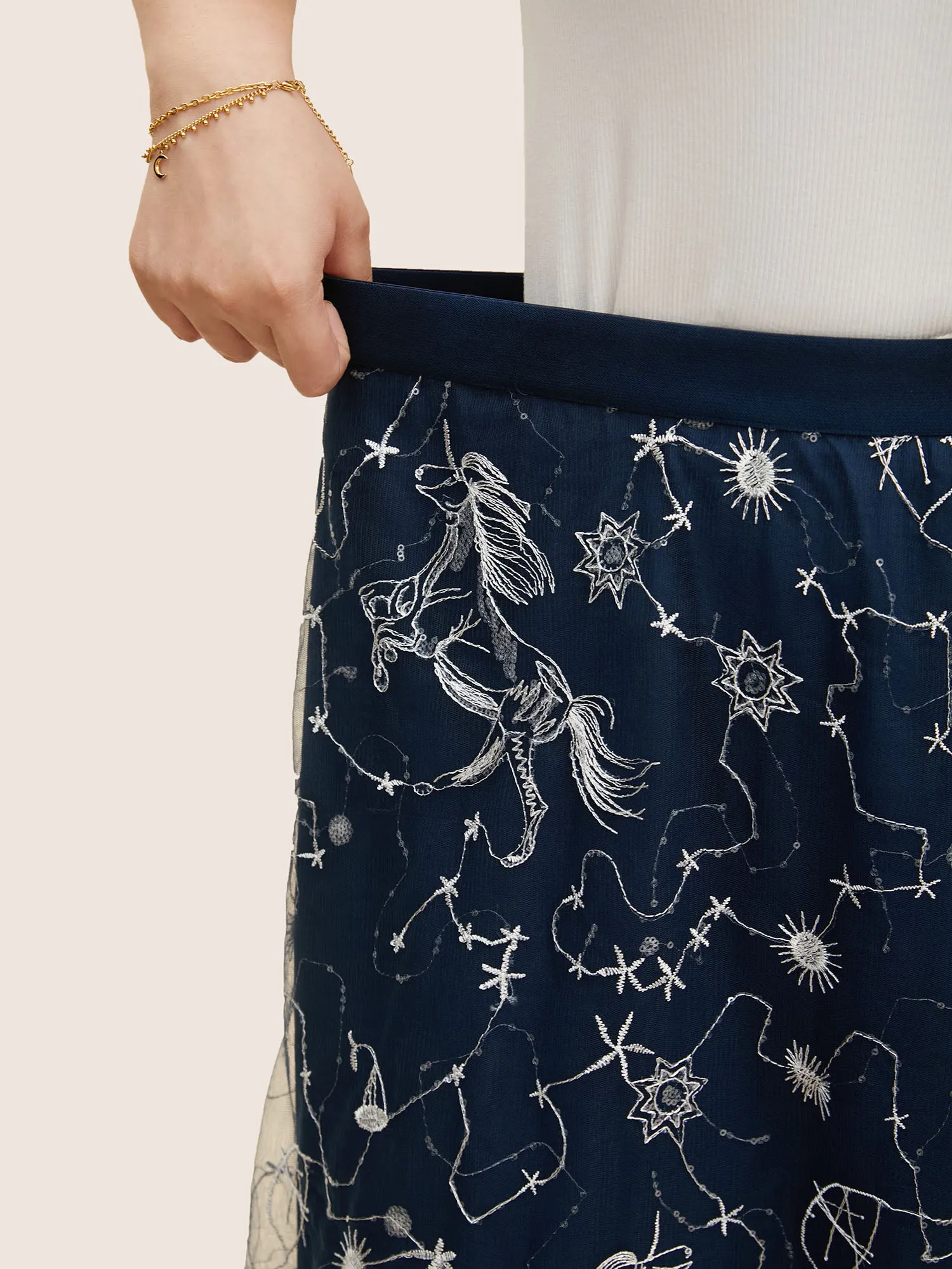 Star Embroidered Patchwork Mesh Pocket Skirt sold by Bloomchic product image thumbnail 4