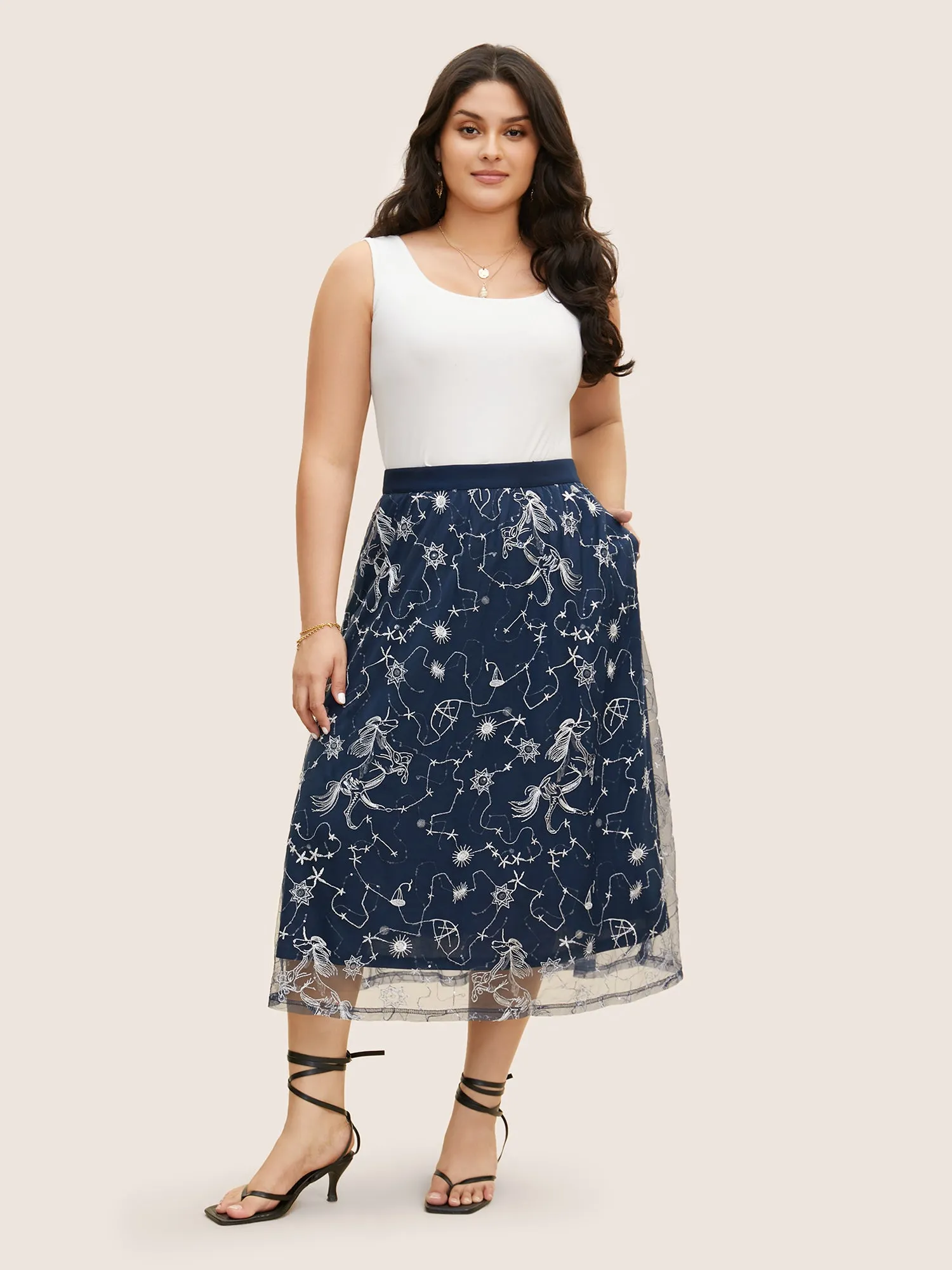 Star Embroidered Patchwork Mesh Pocket Skirt sold by Bloomchic product image thumbnail 2